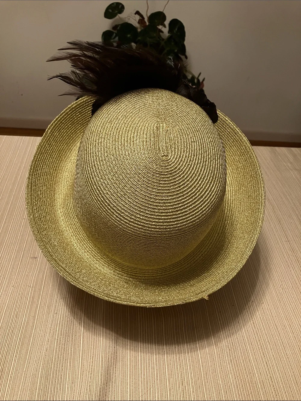 Elegant Women’s Straw Hat with Brown Floral & Feather Accent